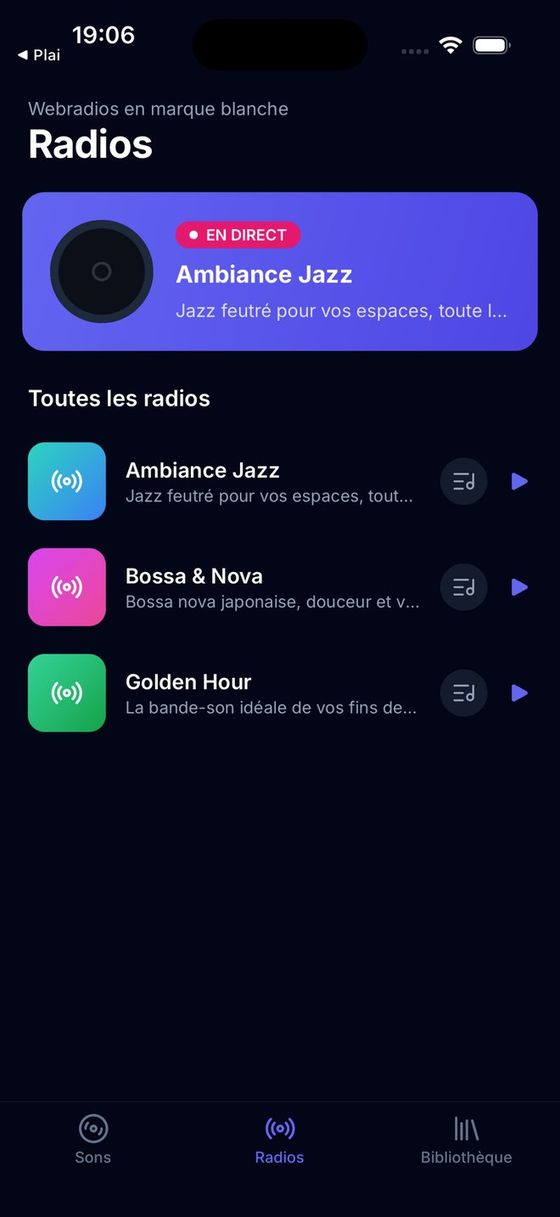 Écran Radios de l’application Plai