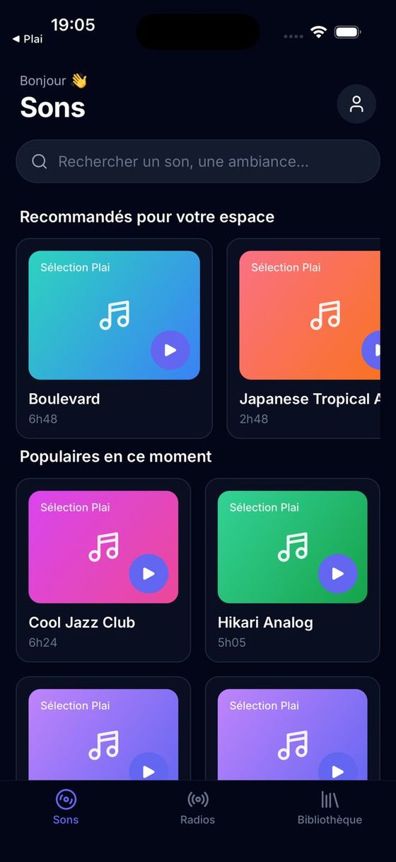 Écran Sons de l’application Plai